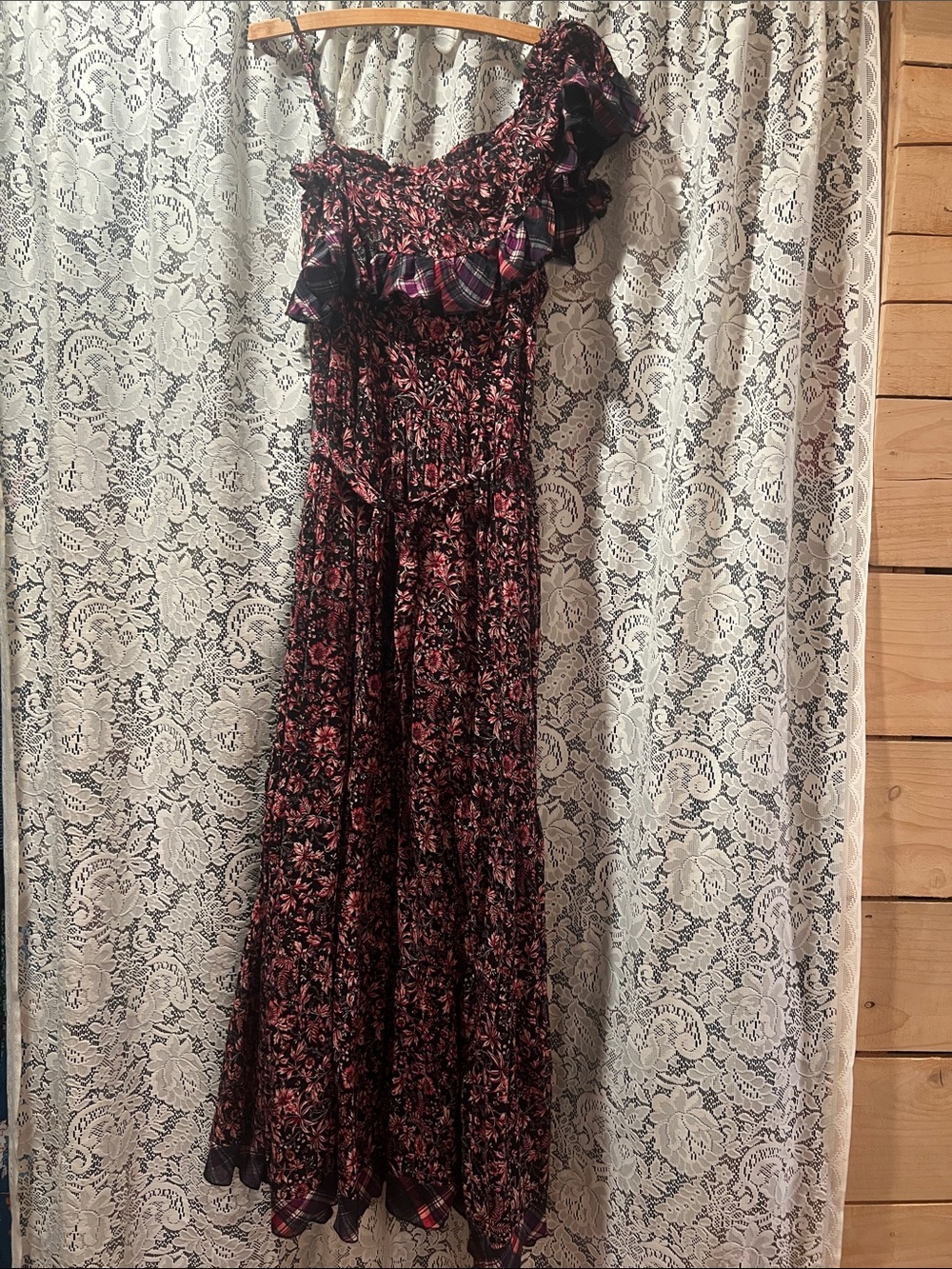 Free People One-Shoulder Floral Maxi Dress in Burgundy & Black Size Small